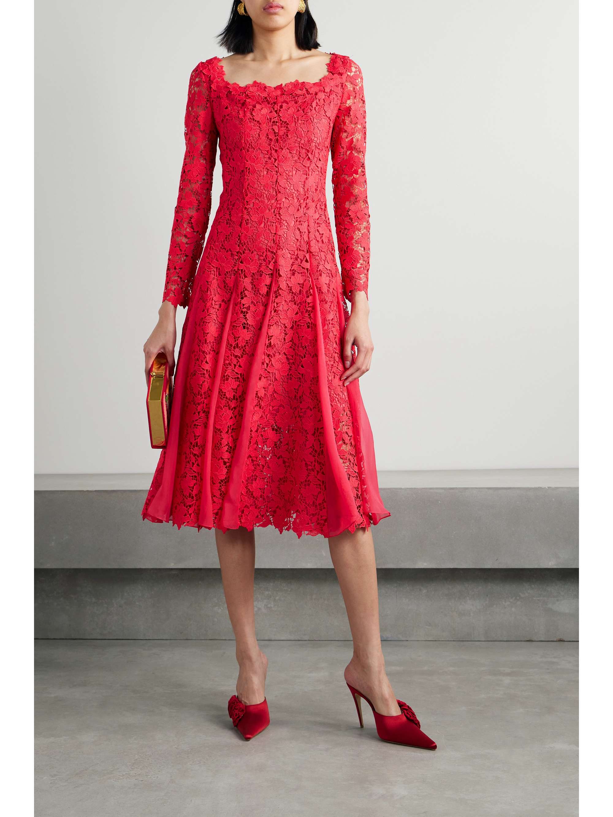 Silk chiffon trimmed guipure lace midi dress red US0