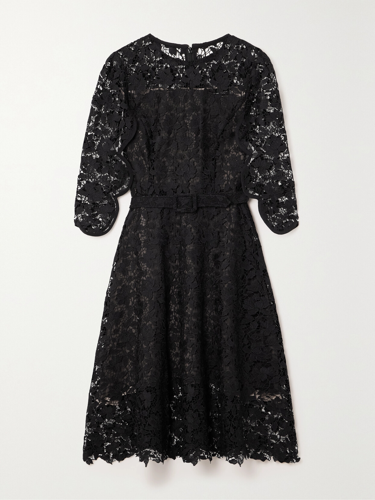 Oscar De La Renta Belted Wool-blend Guipure Lace Dress In Black