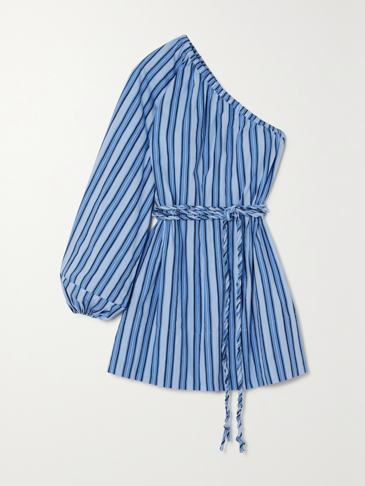 Faithfull The Brand + Net Sustain Calia Belted One-sleeve Striped Organic Cotton-poplin Mini Dress In Blue