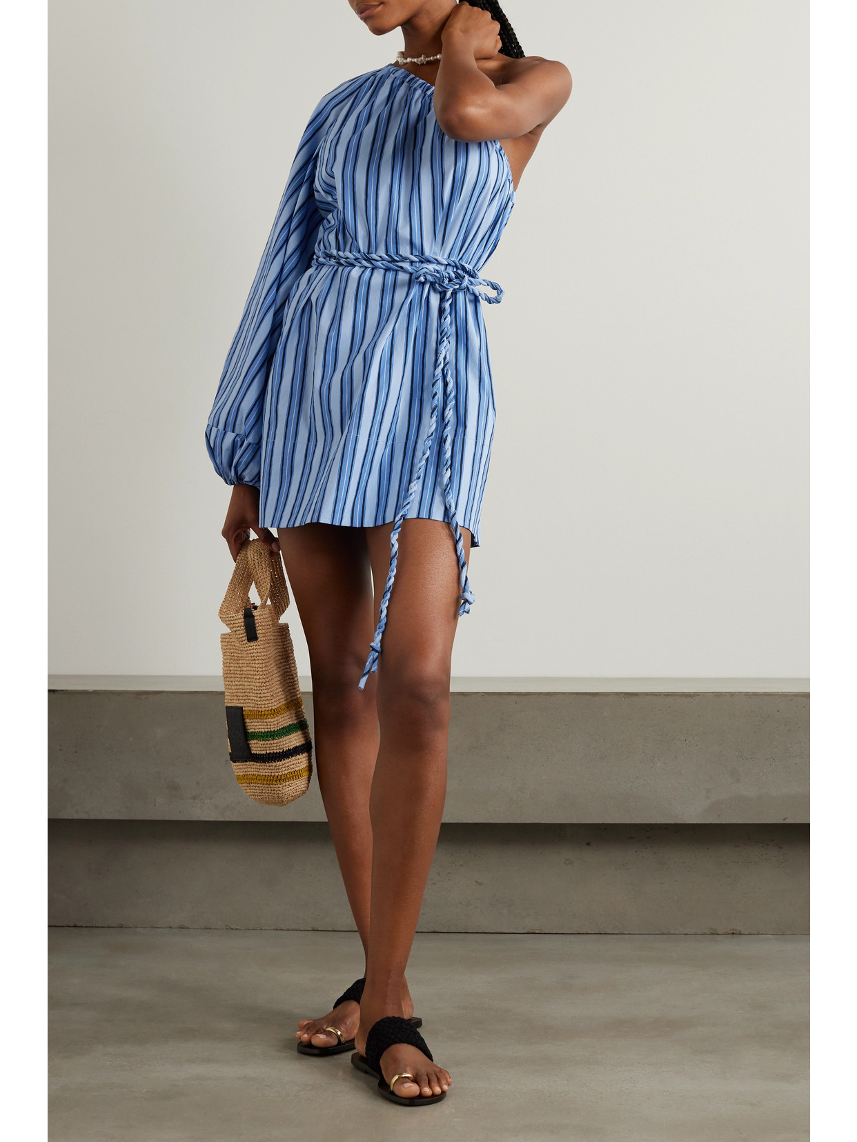 Shop Faithfull The Brand + Net Sustain Calia Belted One-sleeve Striped Organic Cotton-poplin Mini Dress In Blue