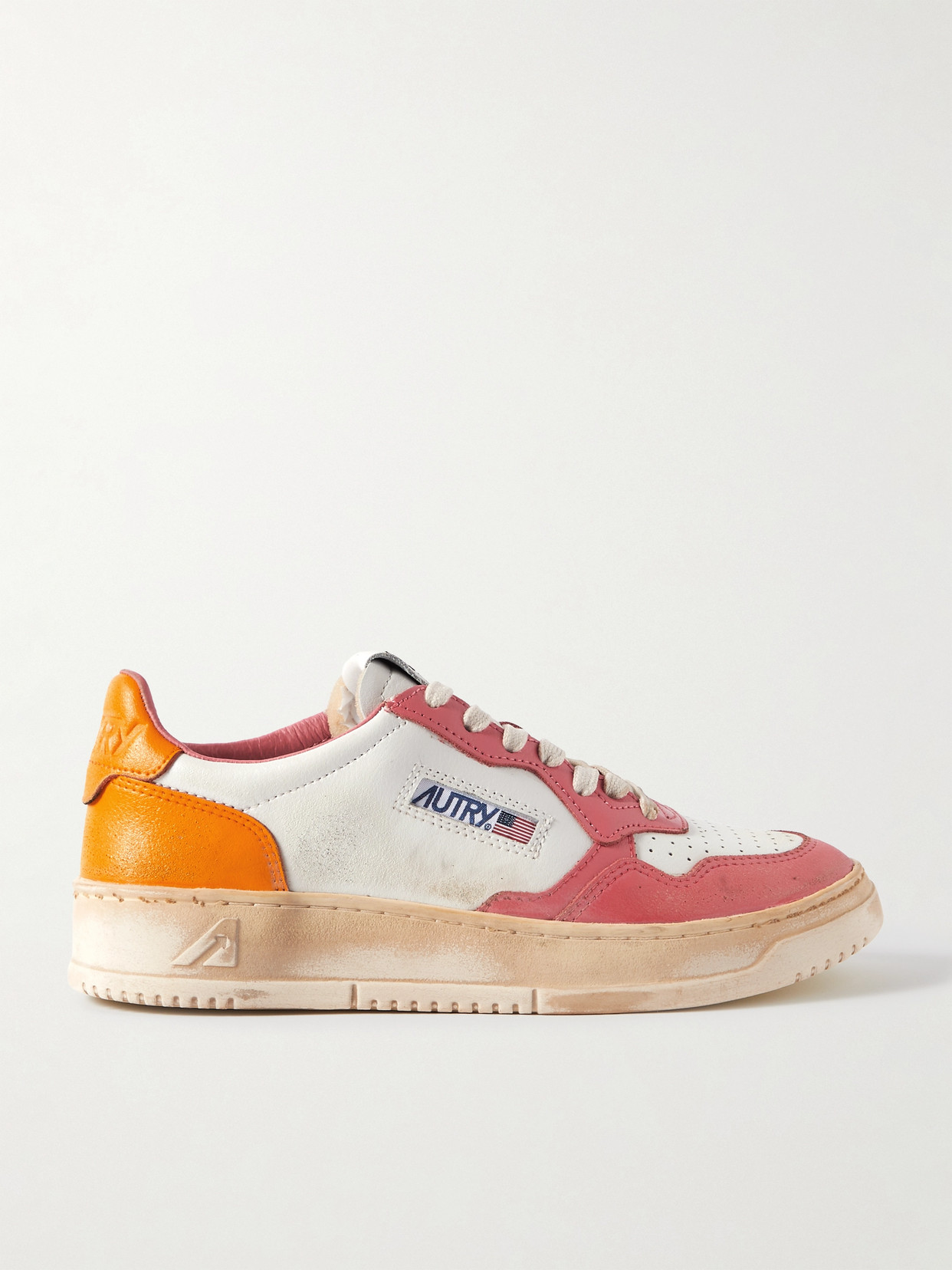 Autry Super Vintage Distressed Leather Sneakers In Orange