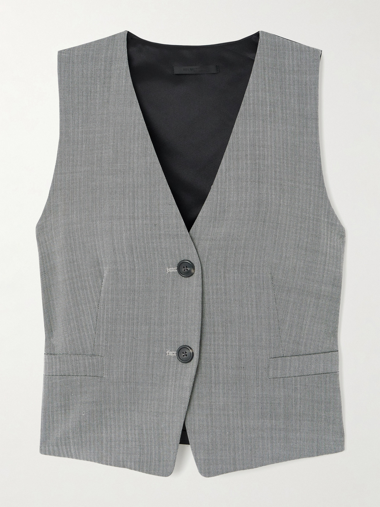 Shop Helmut Lang Cutout Satin-paneled Herringbone Tweed Vest In Gray