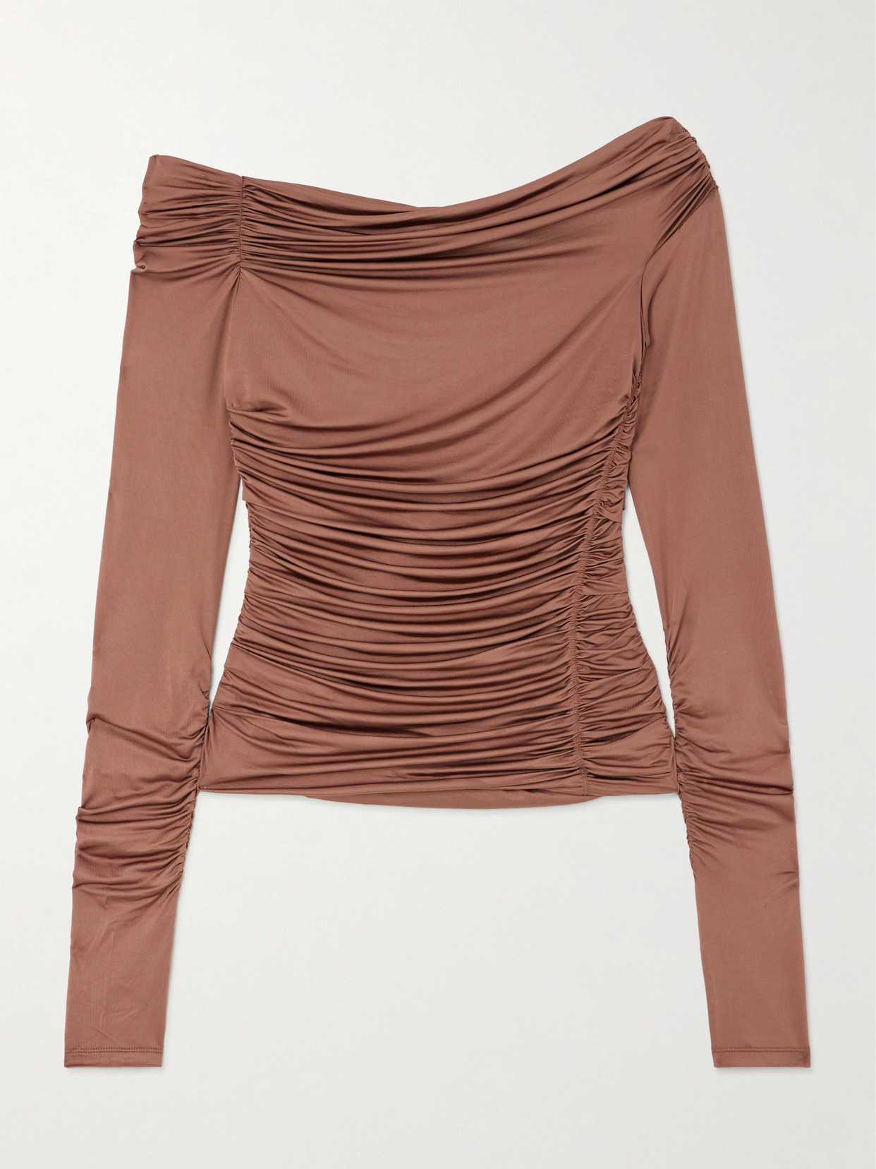 Shop Helmut Lang One-shoulder Ruched Stretch-satin Jersey Top In Brown