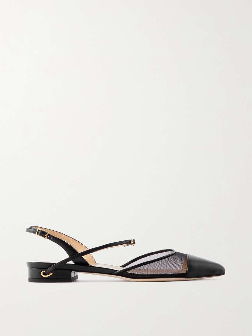 Jennifer Chamandi Vittoria 20 Mesh-trimmed Leather Point-toe Slingback Flats