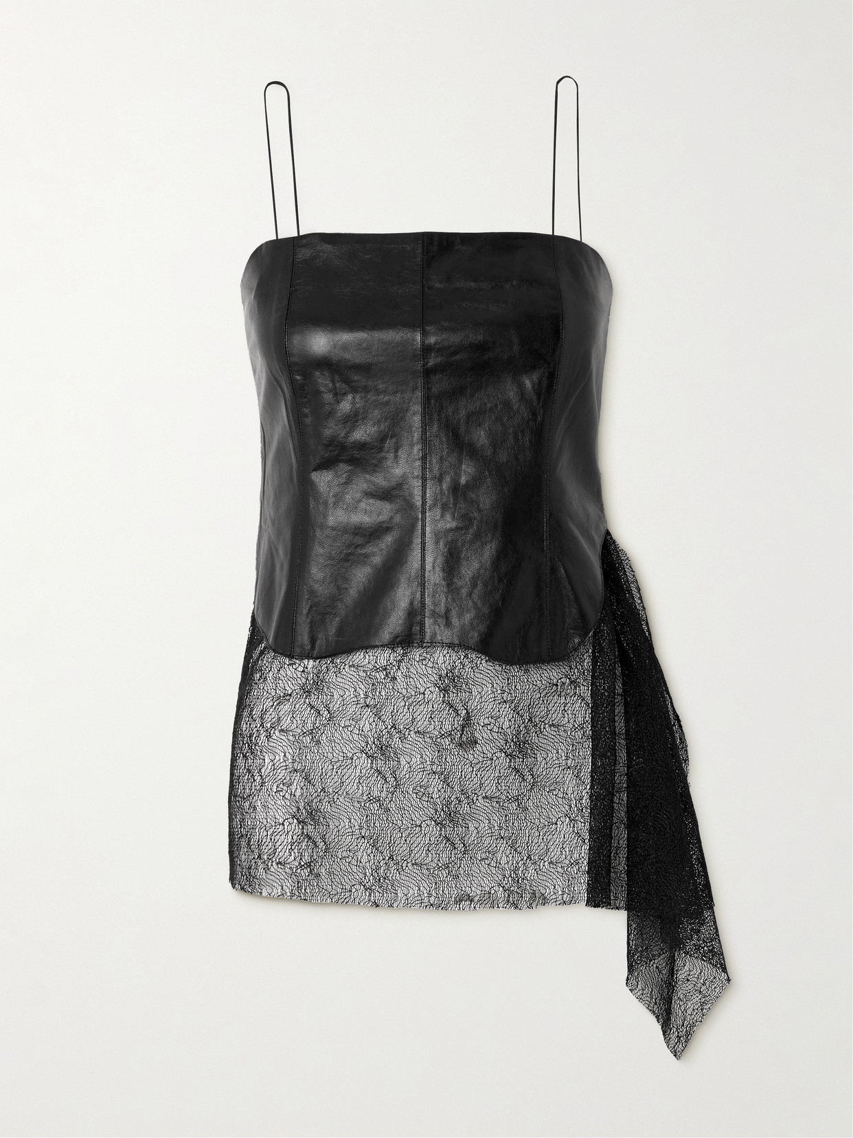 Helmut Lang - Lace-trimmed Asymmetric Leather Top - Black