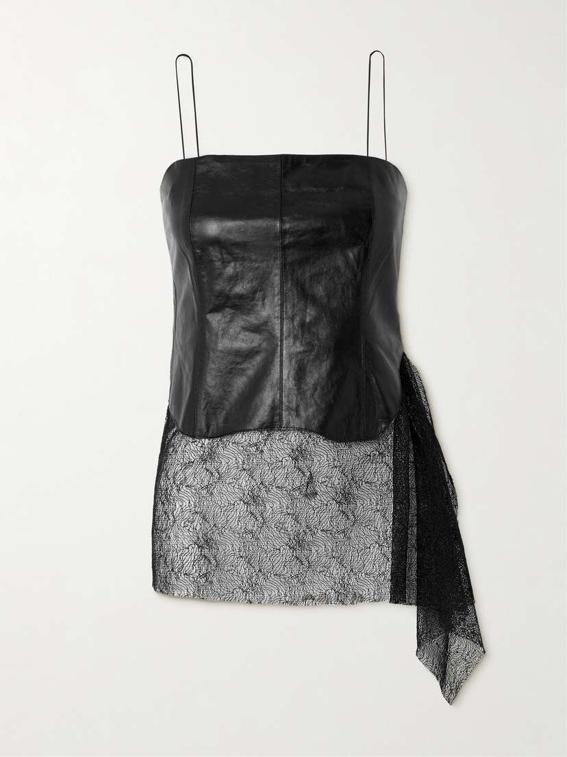 Helmut Lang Lace-trimmed Asymmetric Leather Top