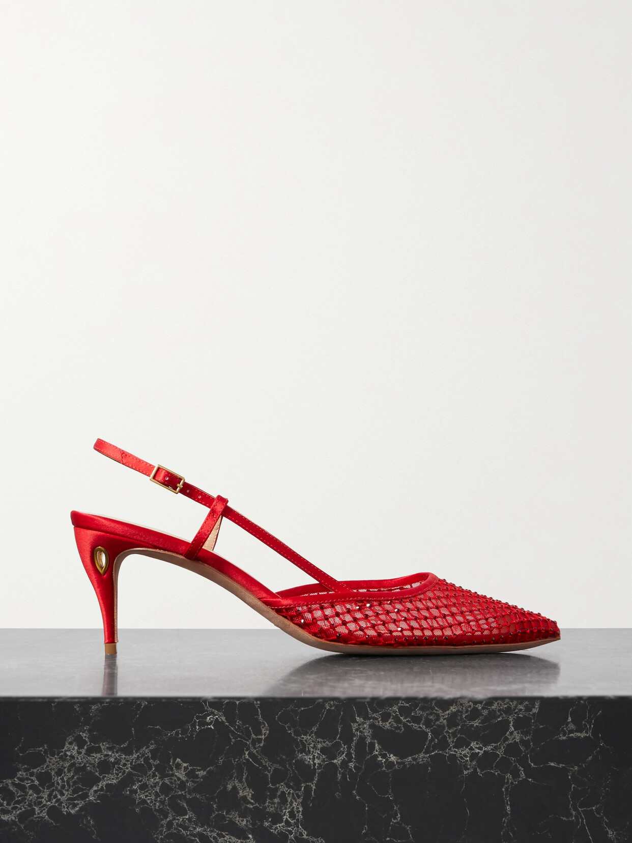 Jennifer Chamandi - Mario 65 Satin And Crystal-embellished Mesh Slingback Pumps - Red