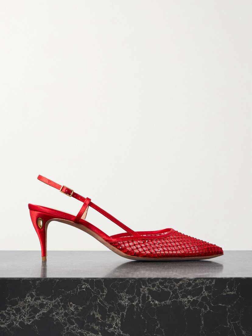 Jennifer Chamandi Mario 65 Satin And Crystal-embellished Mesh Slingback Pumps