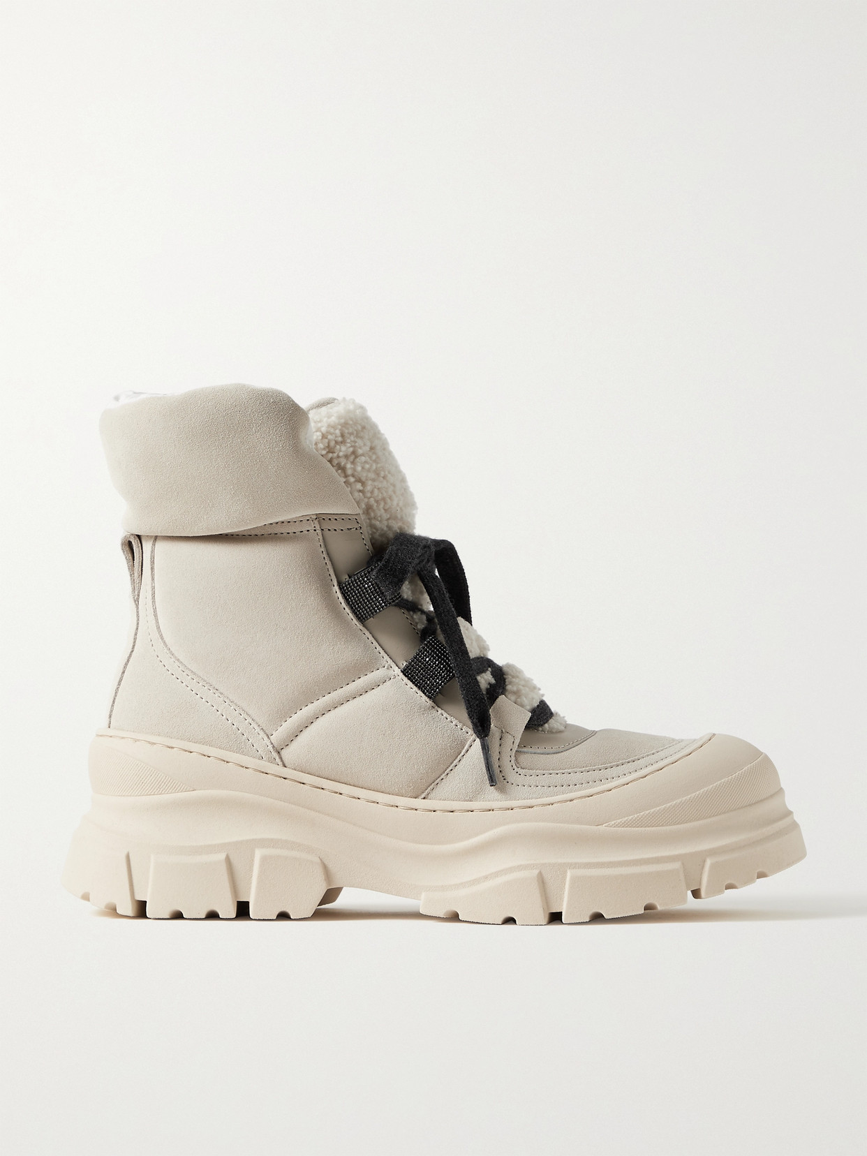 Shop Brunello Cucinelli Bead-embellished Shearling-trimmed Suede Ankle Boots In White