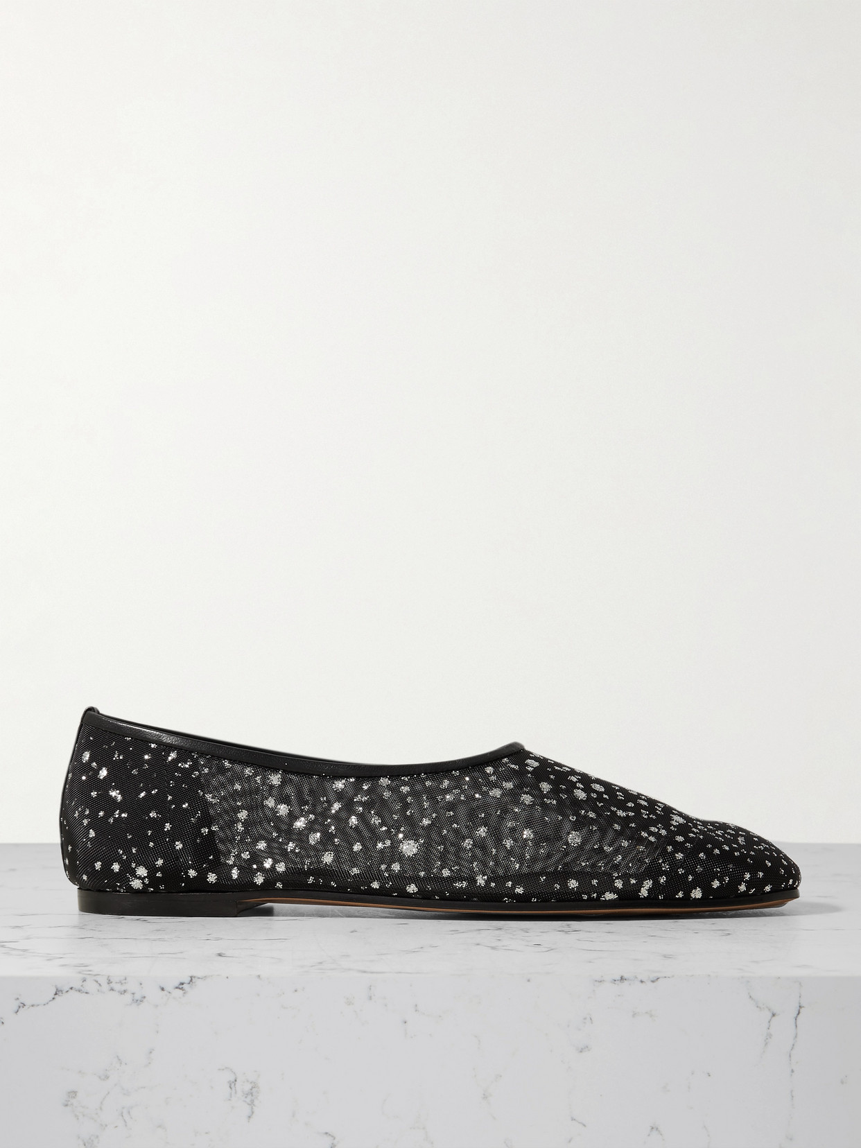 Emme Parsons High Throat Leather-trimmed Glittered Mesh Ballet Flats In Black