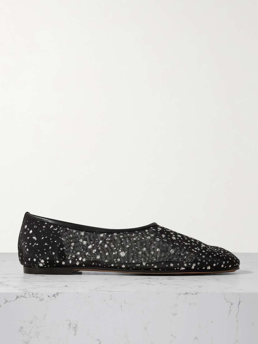 Emme Parsons High Throat Leather-trimmed Glittered Mesh Ballet Flats