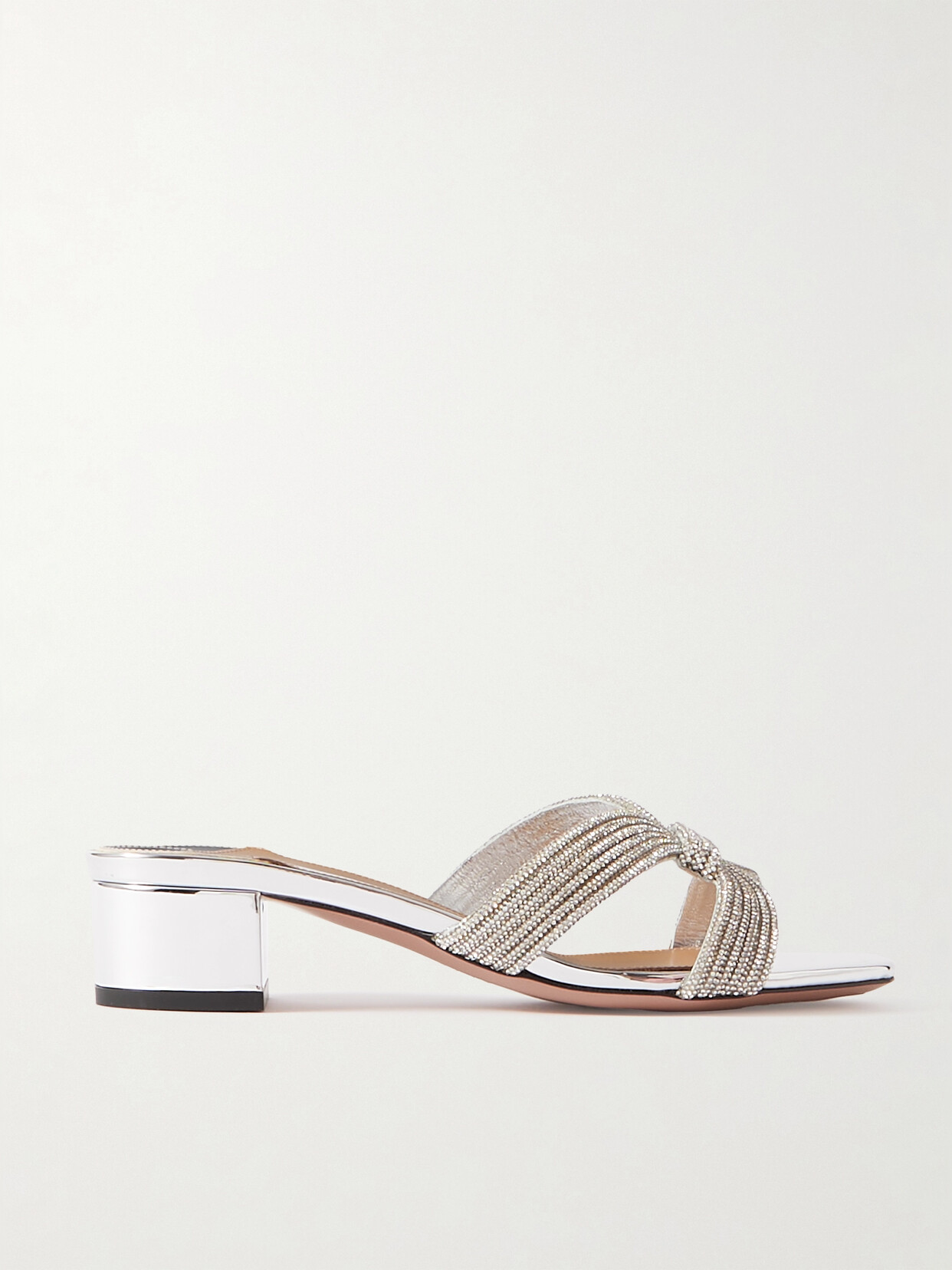 Shop Aquazzura Muse 35 Crystal-embellished Metallic Leather Mules In Silver