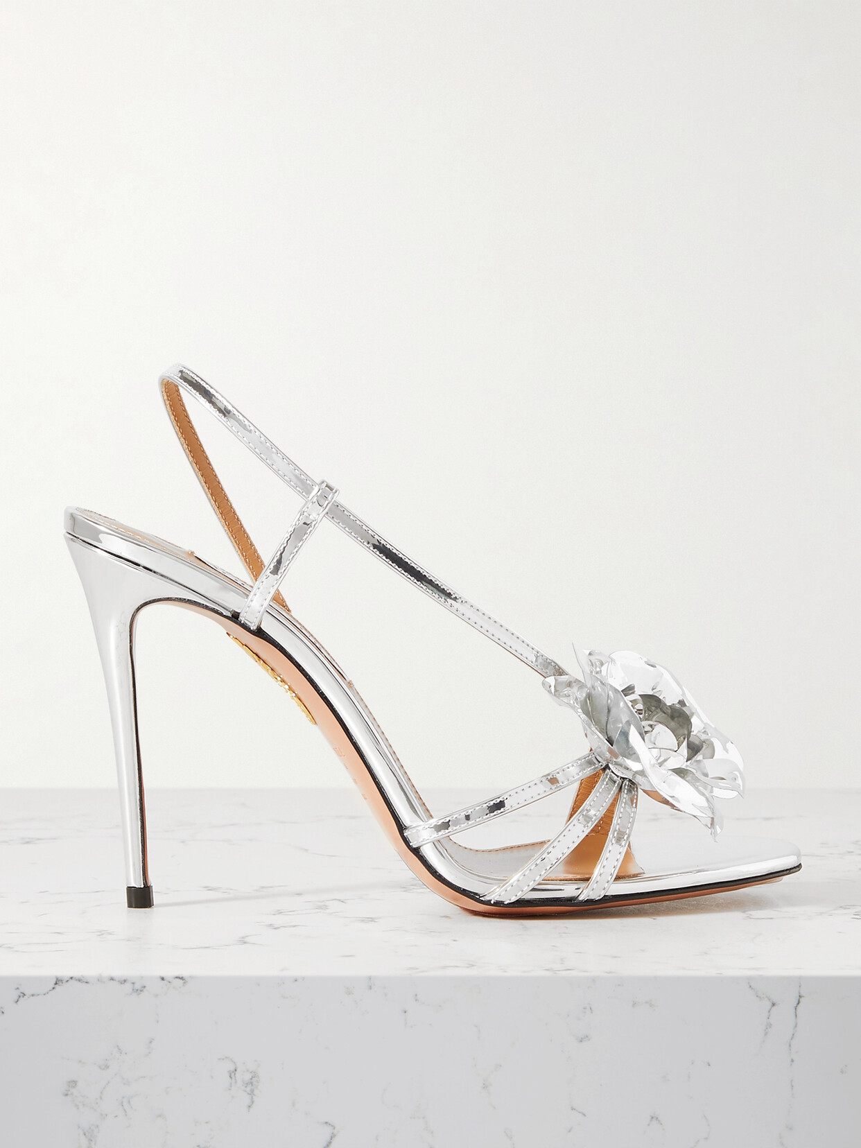 Aquazzura - Paris Rose 105 Crystal-embellished Metallic Leather Sandals - Silver