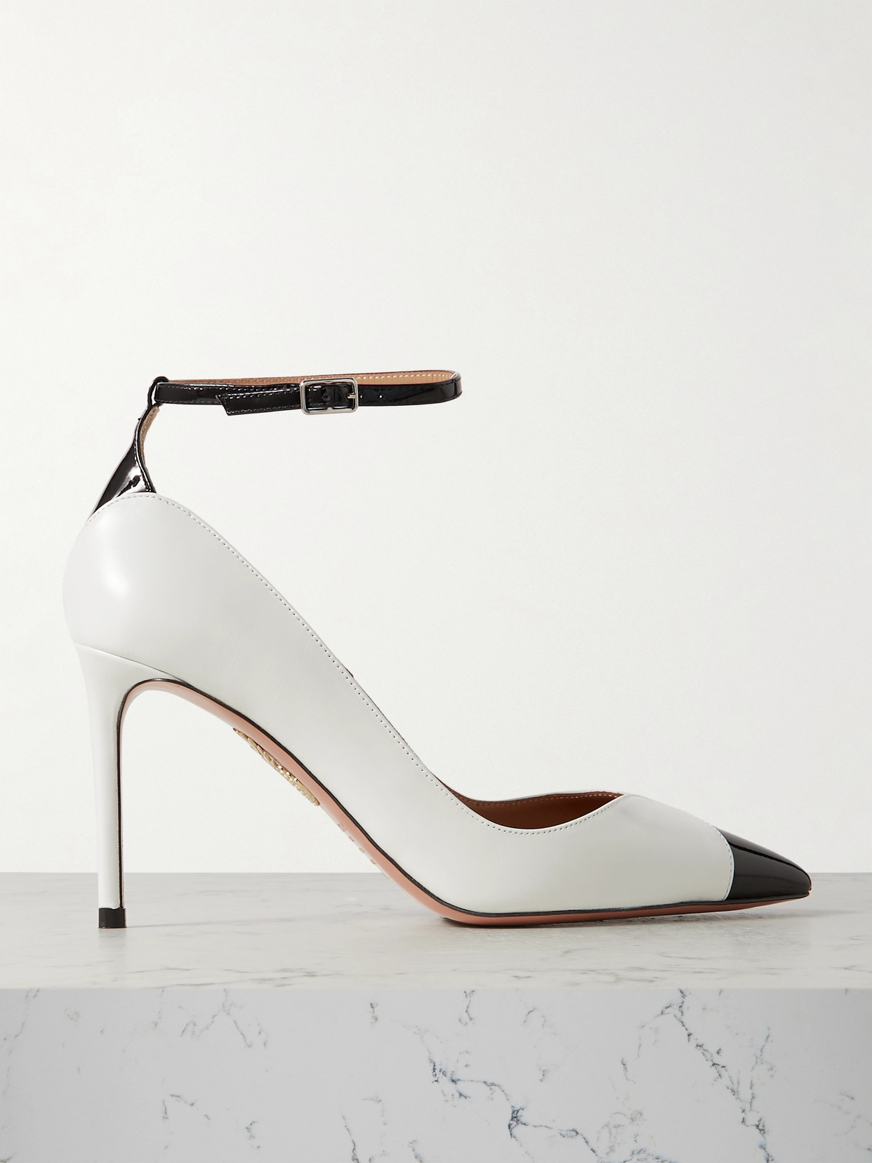 Shop Aquazzura Pinot 85 Patent-trimmed Leather Point-toe Pumps In White