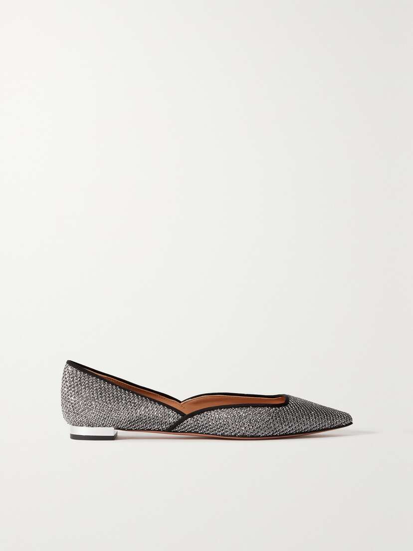 Aquazzura Maia Grosgrain-trimmed Glittered Leather Ballet Flats