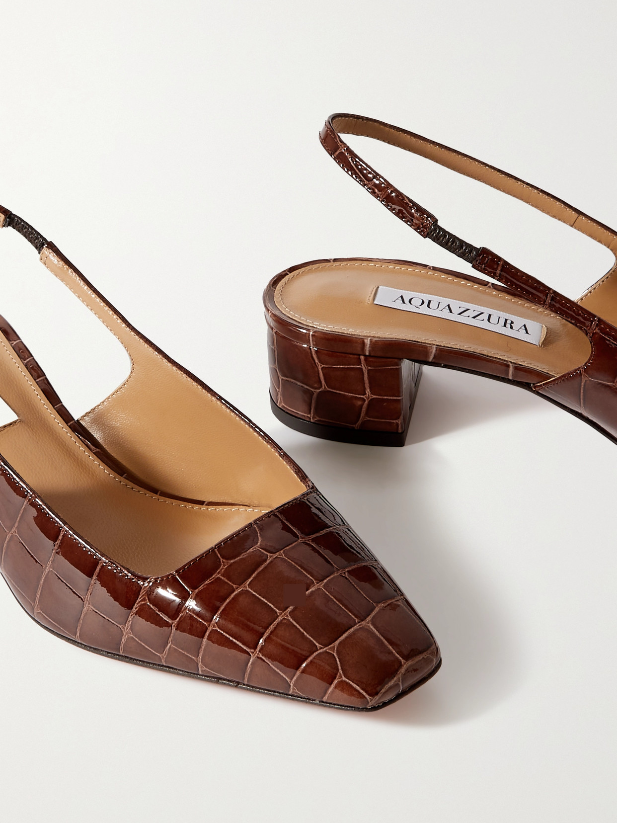 Aquazzura Ginza 35 Croc-effect Slingback Pumps In Brown Patent Lather In Brown