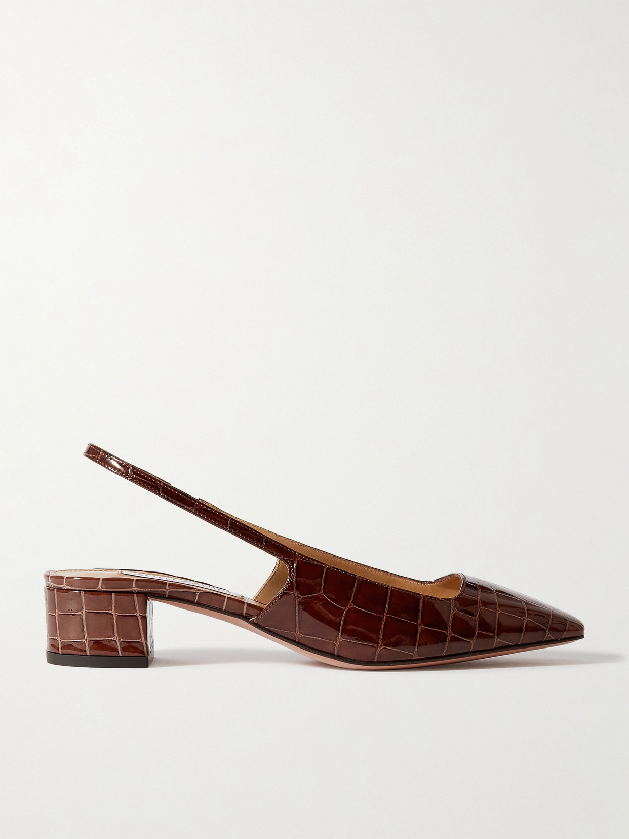 Aquazzura Ginza 35 Croc-effect Slingback Pumps In Brown Patent Lather In Brown