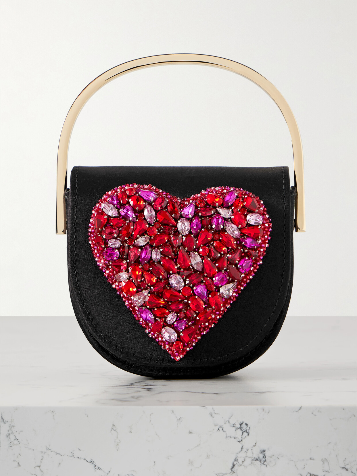 Aquazzura Love Me Mini Crystal-embellished Satin Tote In Black