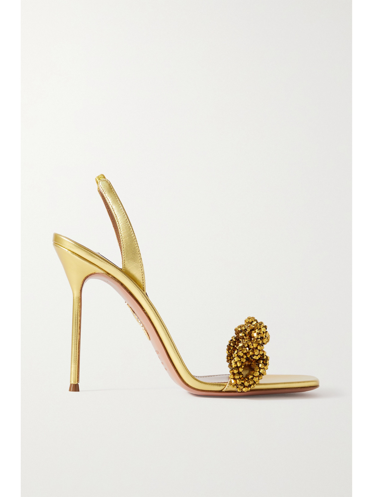 Shop Aquazzura Chain Of Love 105 Embellished Metallic Leather Slingback Sandals In Gold