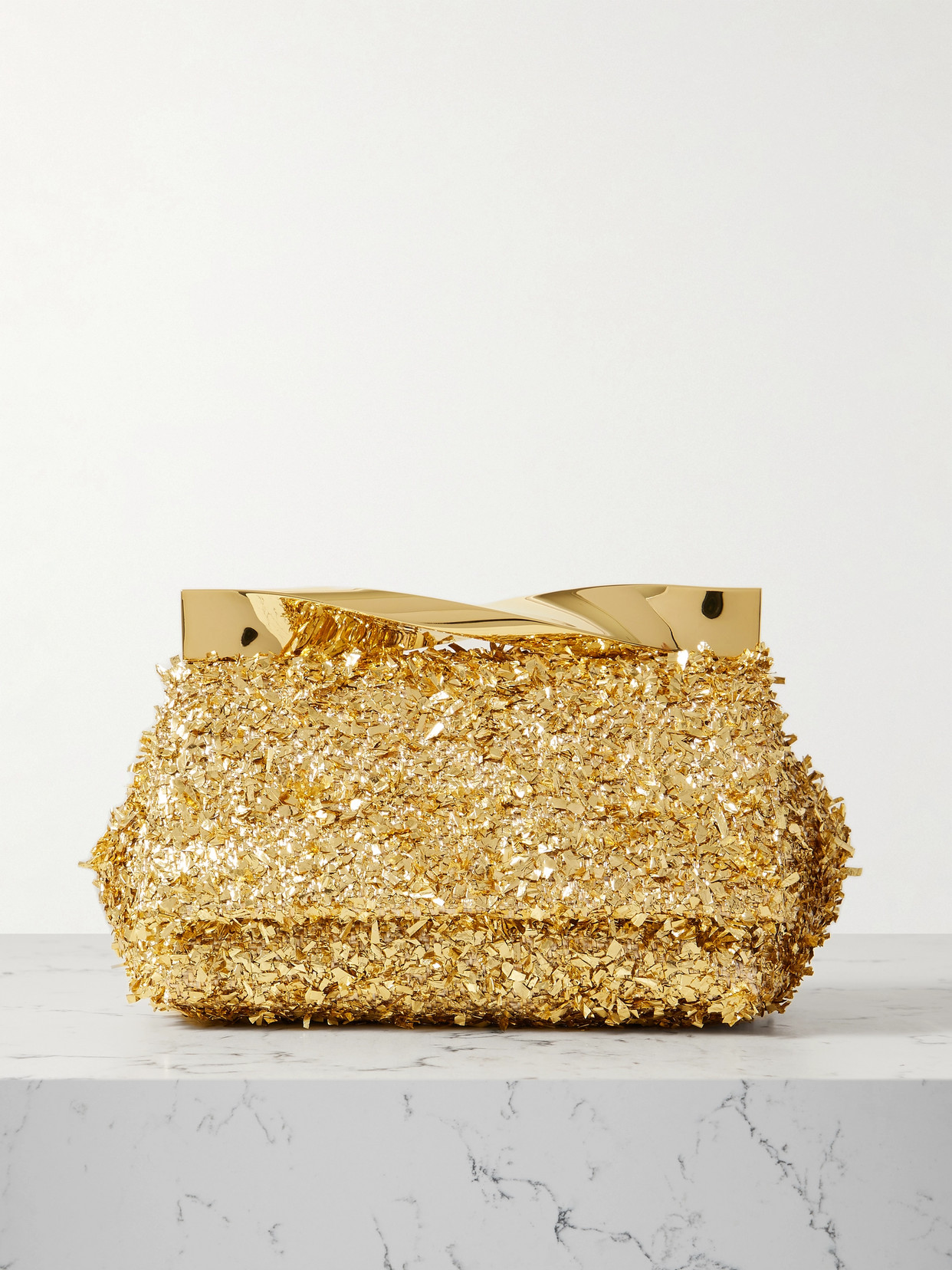 Aquazzura - Twist Mini Embellished Metallic Leather-trimmed Tinsel Clutch - Gold