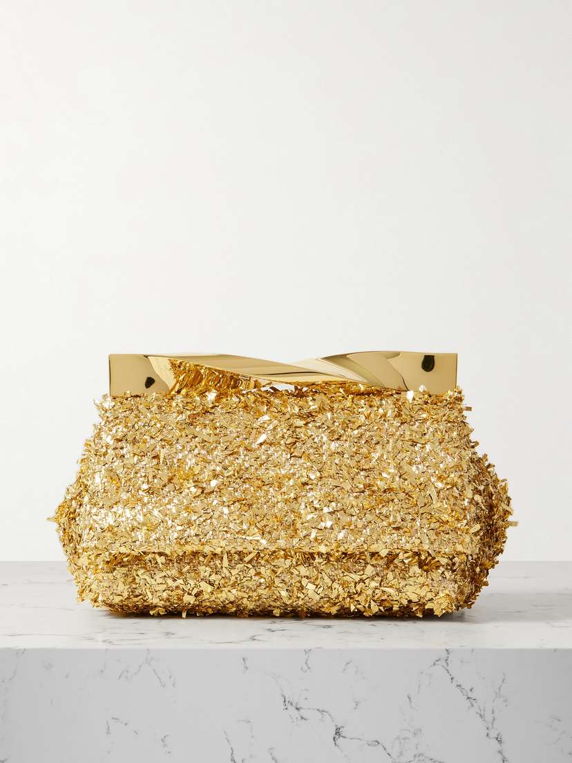 Aquazzura Twist Mini Embellished Metallic Leather-trimmed Tinsel Clutch