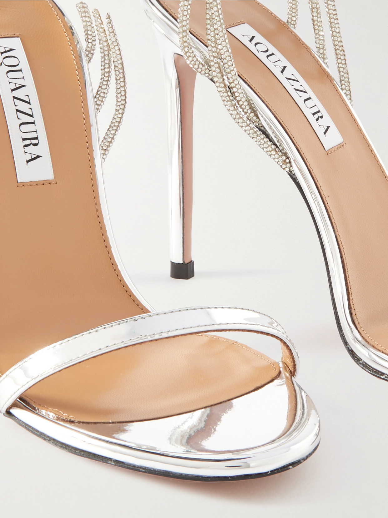 Shop Aquazzura Wild At Heart 105 Crystal-embellished Mirrored-leather Sandals In Silver