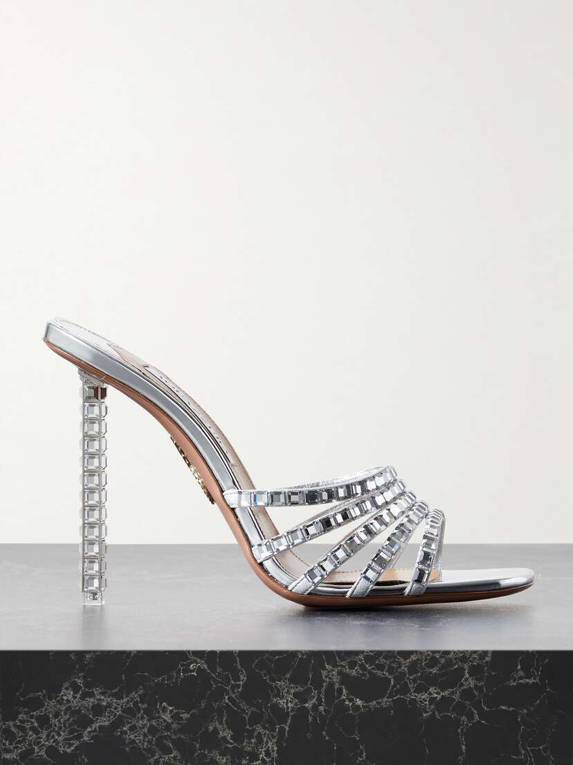 Aquazzura Rock Chic 115 Crystal-embellished Mirrored Leather Mules