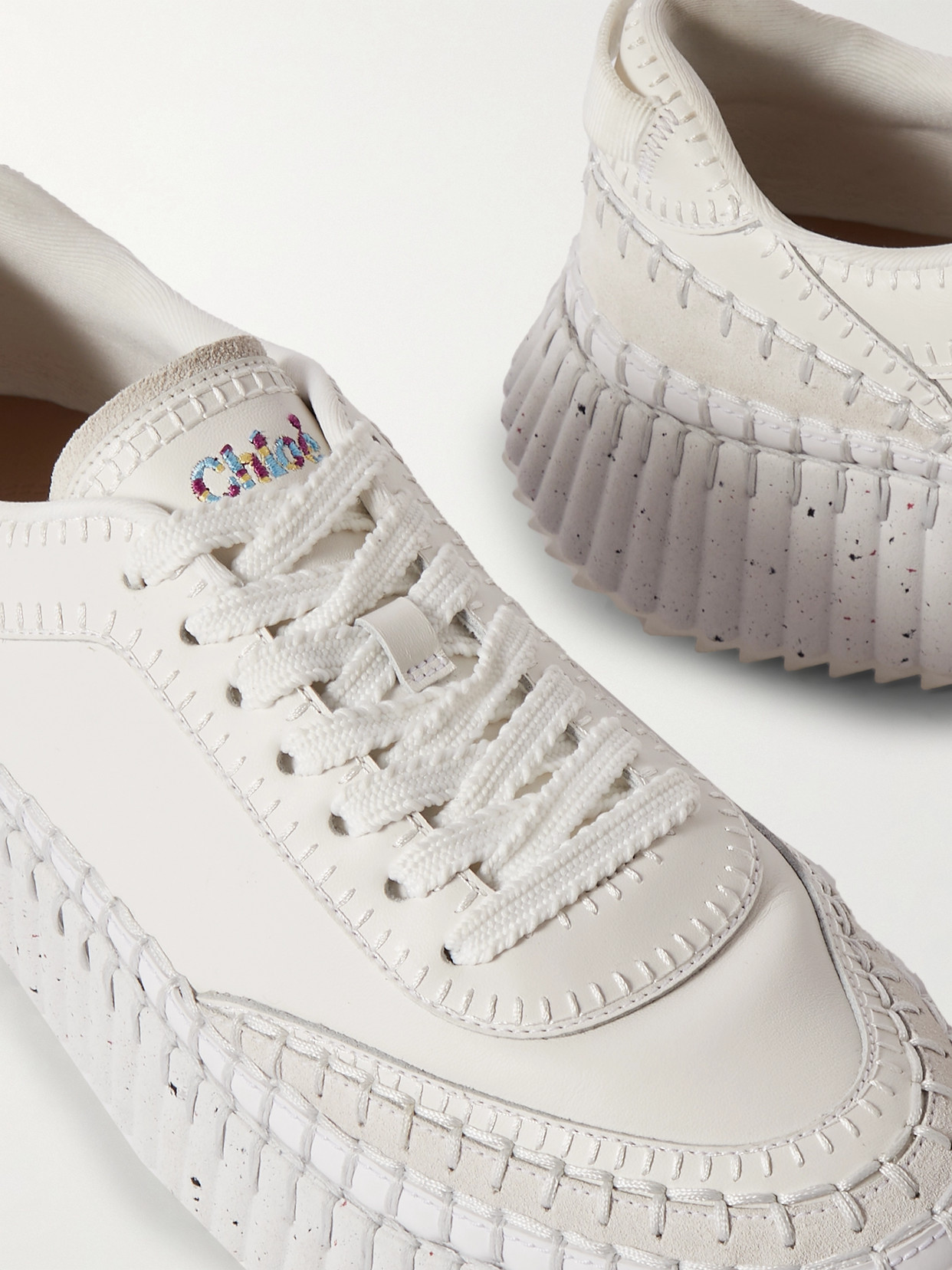 Shop Chloé + Net Sustain Nama Embroidered Suede-trimmed Leather Sneakers In White