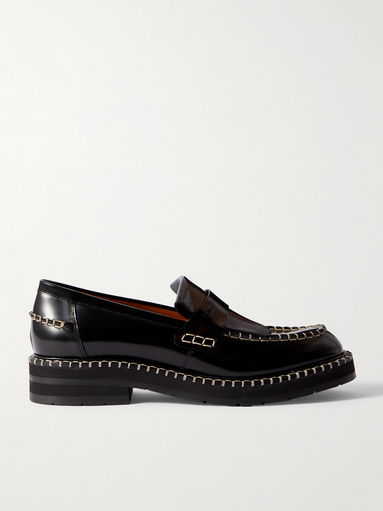 Shop Chloé Noua Fringed Whipstitched Leather Loafers In Black