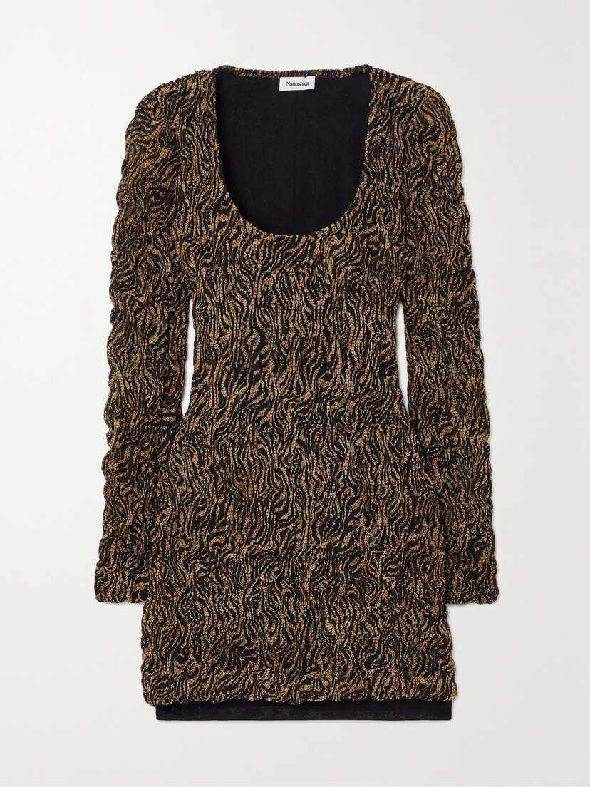 Nanushka Frensi Smocked Zebra-print Chiffon Mini Dress