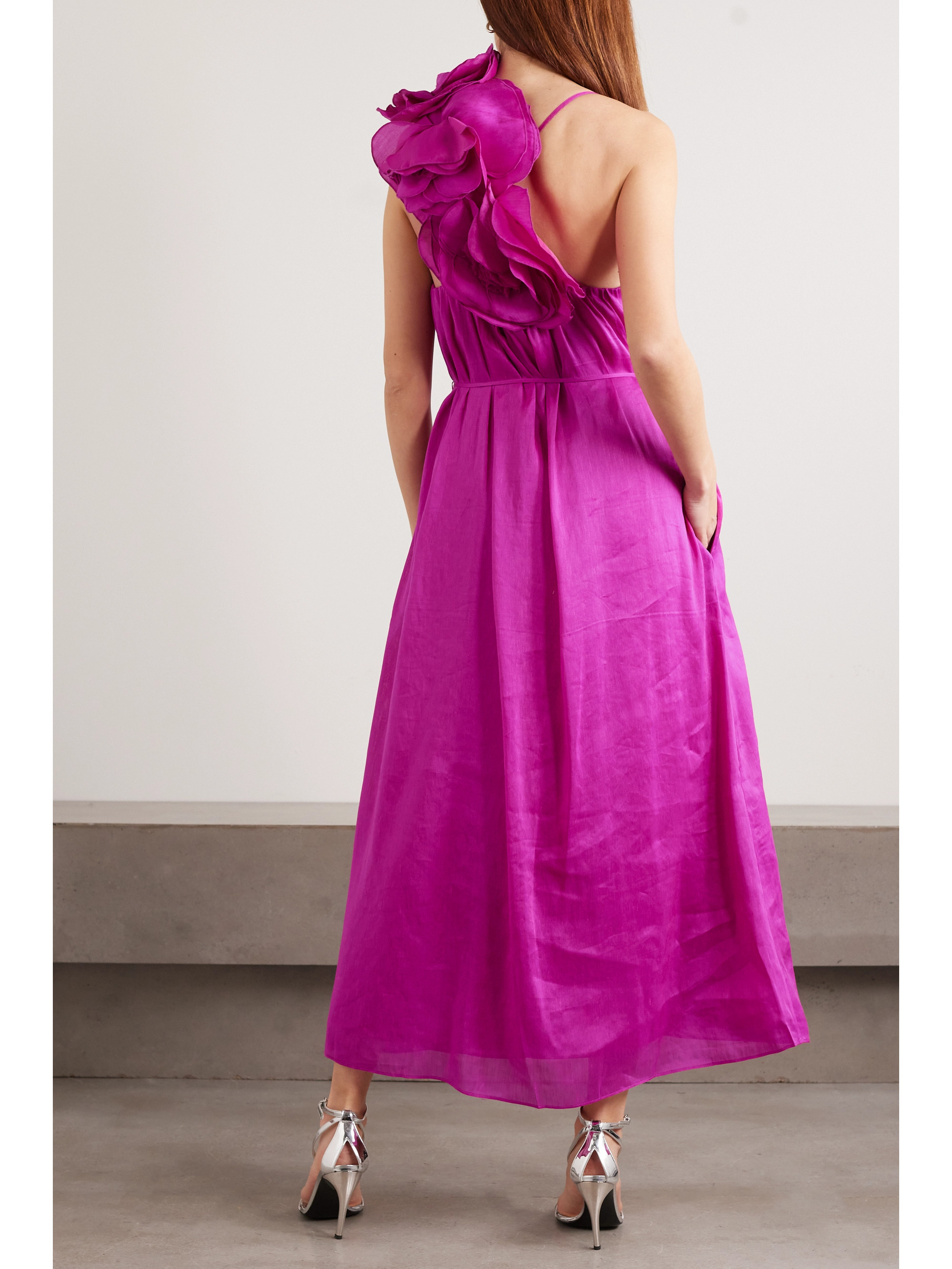 Aje Quintessa asymmetric appliquéd linen and silk-blend midi dress thumbnail