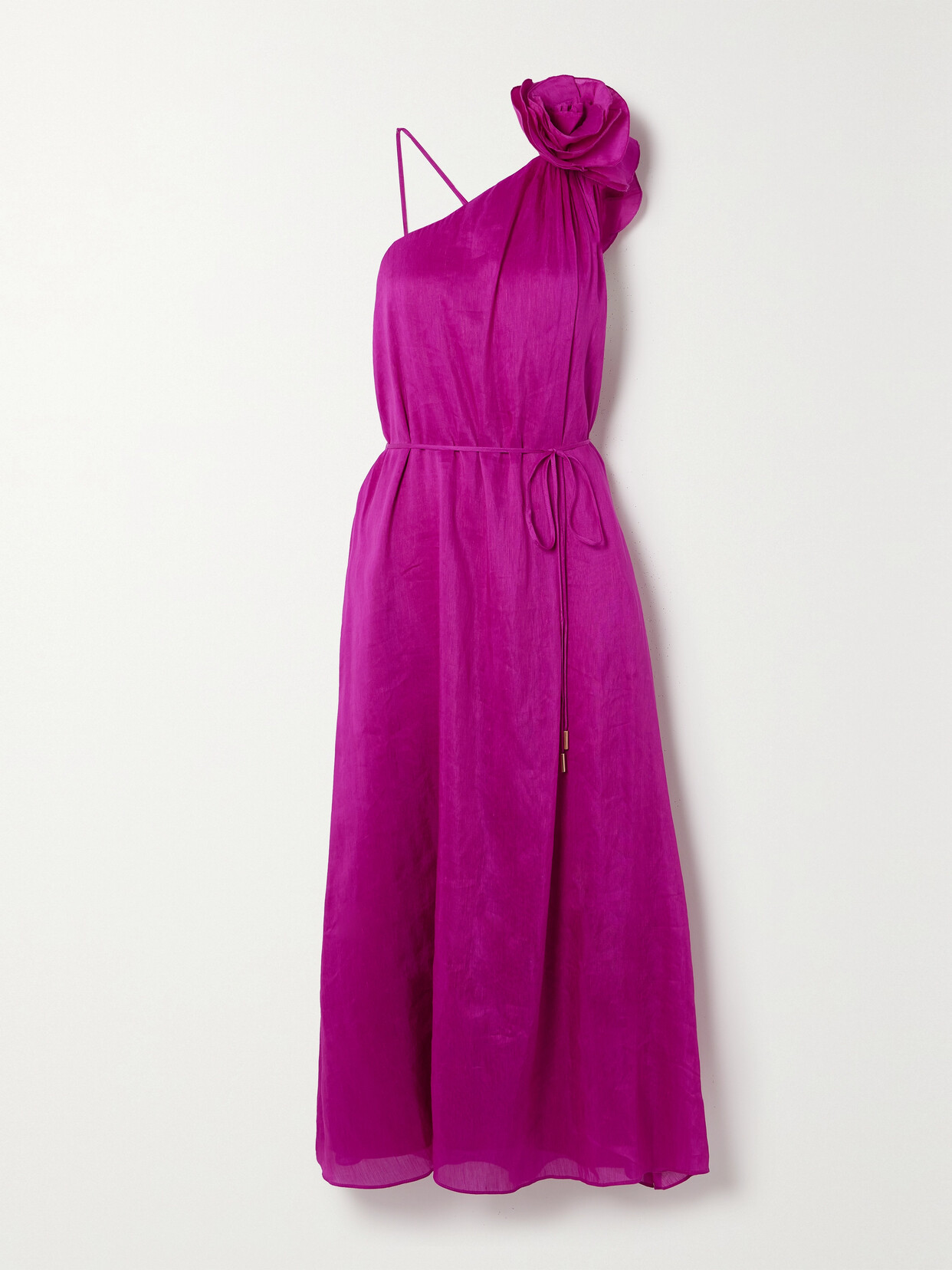 Shop Aje Quintessa Asymmetric Appliquéd Linen And Silk-blend Midi Dress In Purple