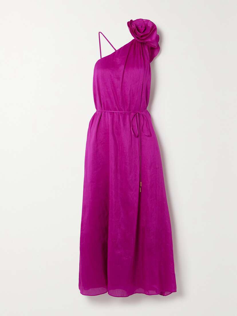 Aje Quintessa Asymmetric Appliquéd Linen And Silk-blend Midi Dress