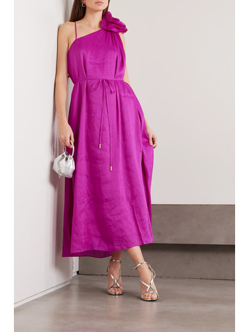 Aje Quintessa asymmetric appliquéd linen and silk-blend midi dress