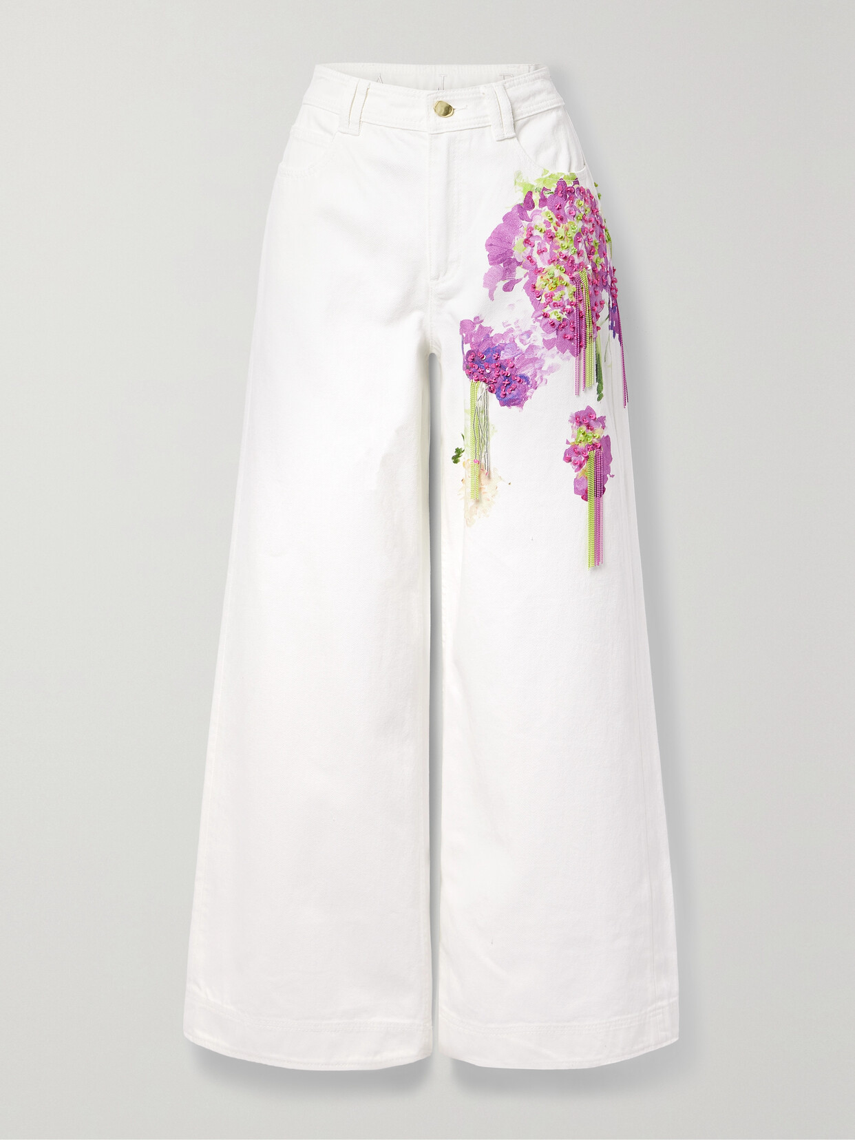 Aje Embellished Floral-print High-rise Wide-leg Jeans In White