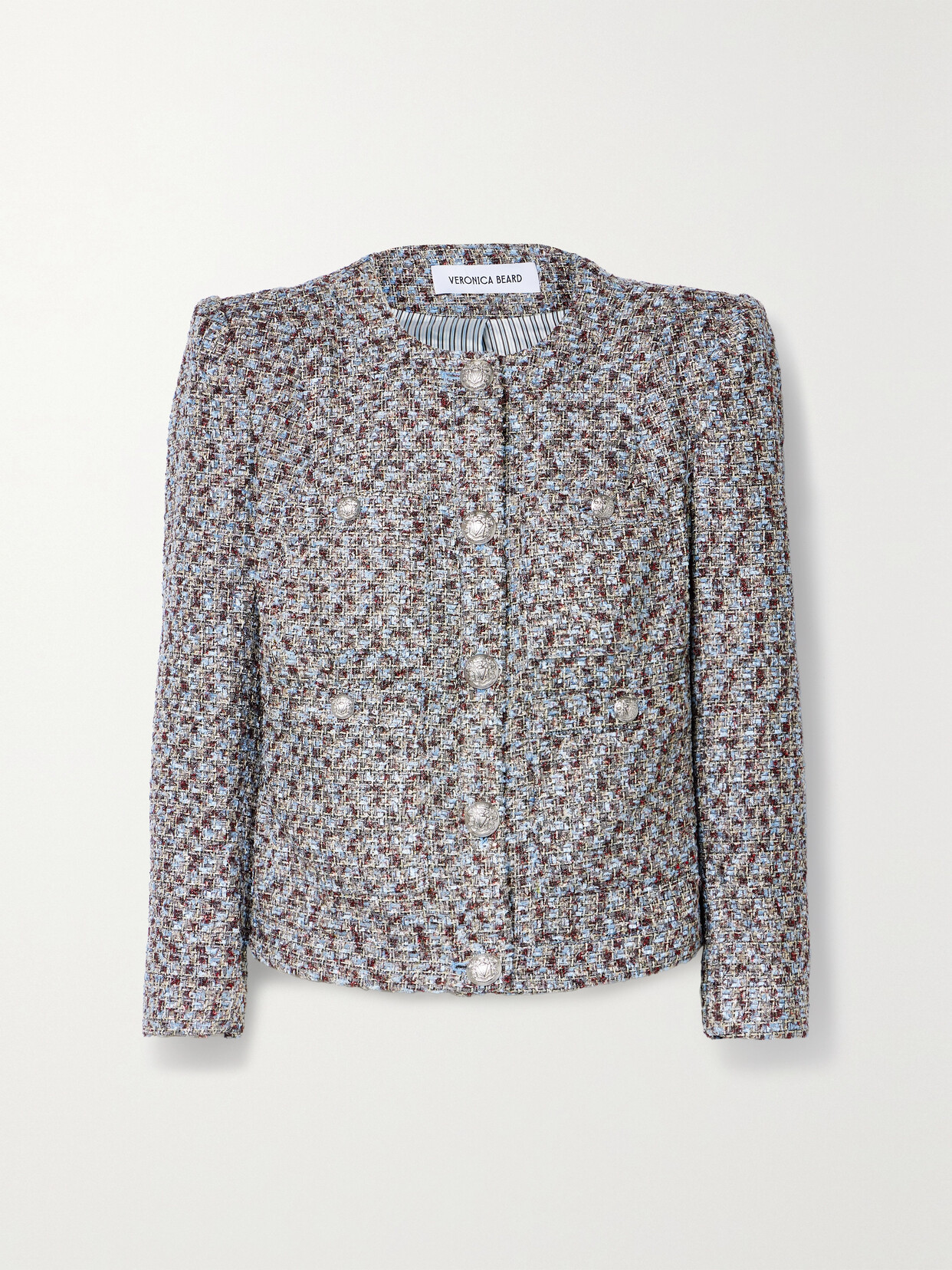 Shop Veronica Beard Ferazia Metallic Button-embellished Tweed Jacket In Silver