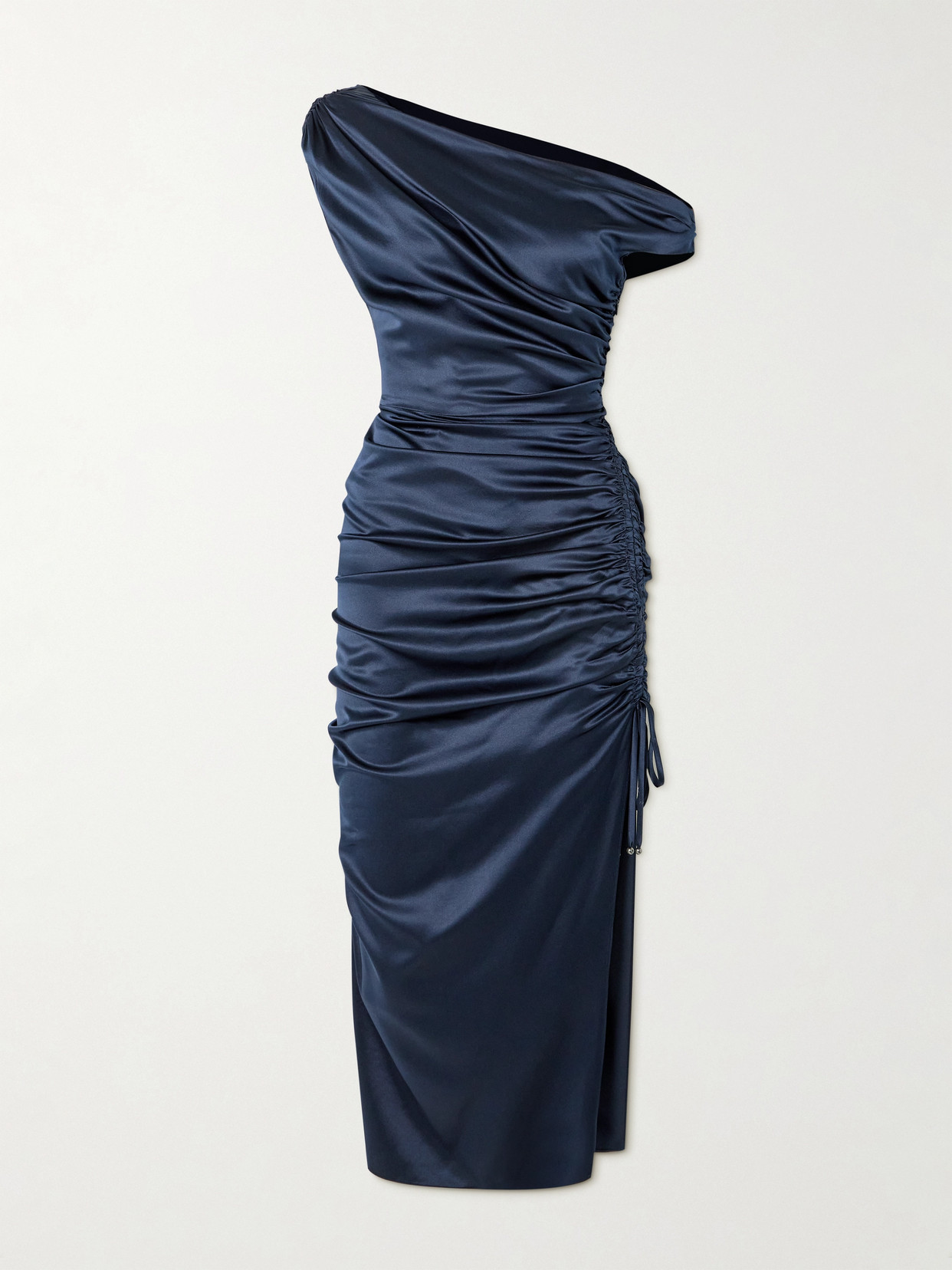 Shop Veronica Beard Kadie Asymmetric Ruched Stretch-silk Satin Midi Dress In Blue