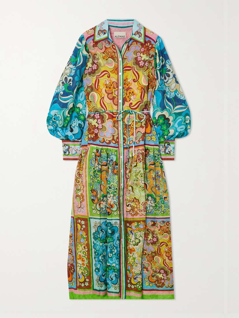 ALEMAIS Dreamer Belted Printed Ramie Maxi Shirt Dress