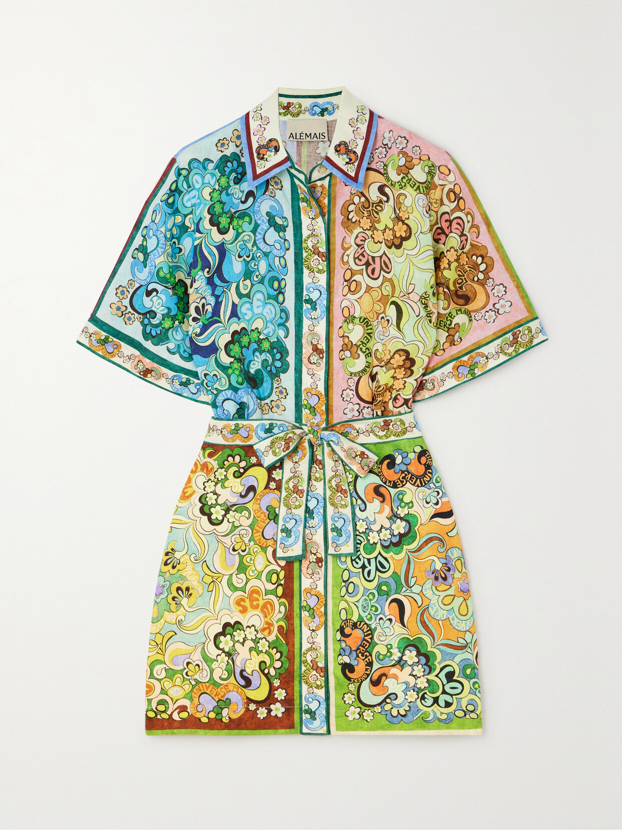 ALEMAIS Dreamer Belted Printed Linen Mini Shirt Dress - Multi