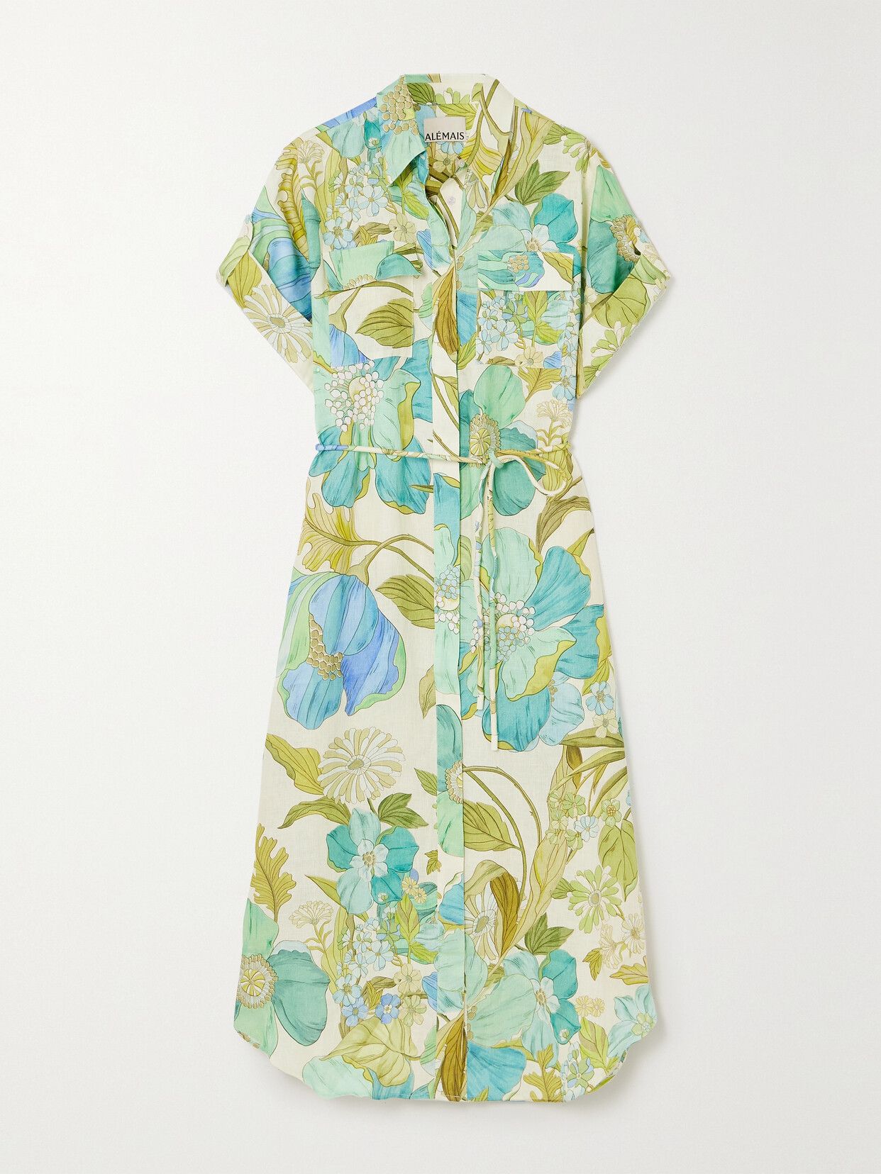 Shop Alemais Janis Belted Floral-print Linen Midi Shirt Dress In Blue