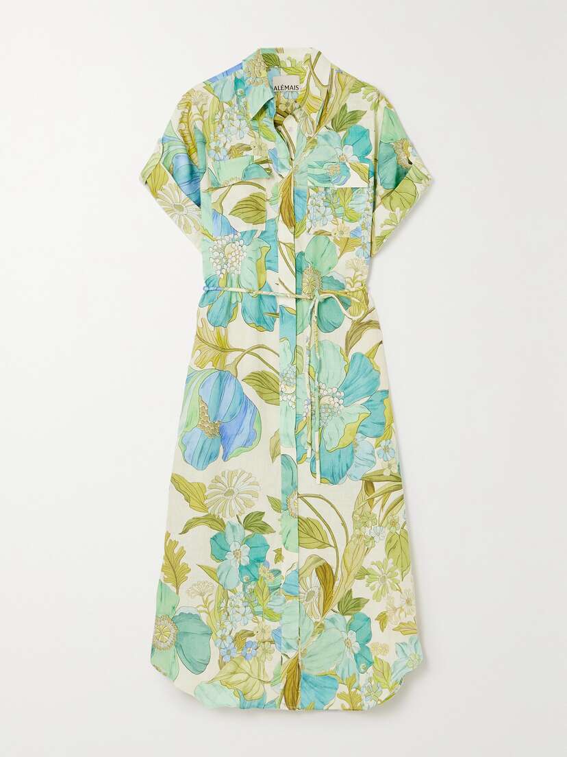 ALEMAIS Janis Belted Floral-print Linen Midi Shirt Dress -  - UK 14