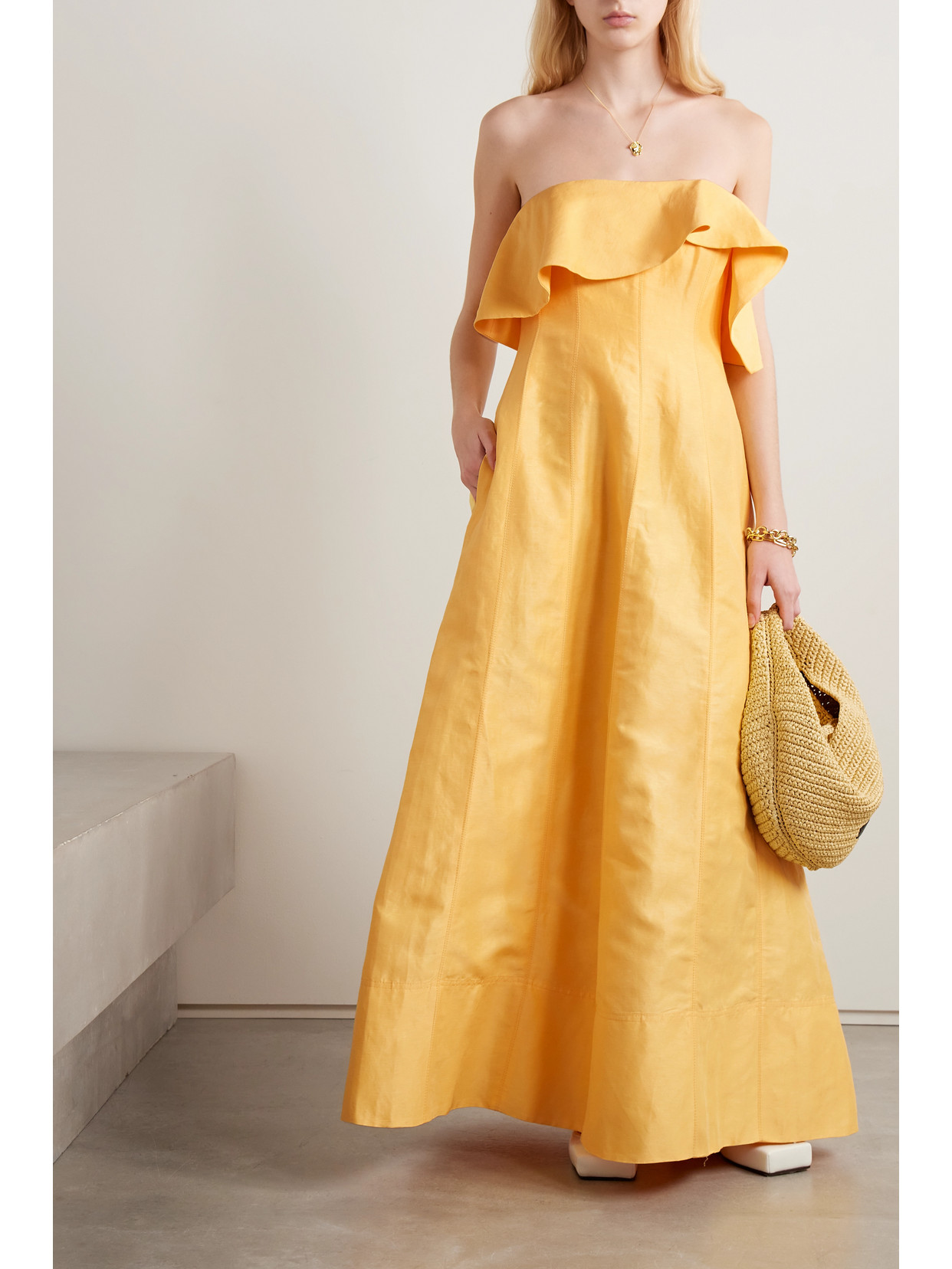 Shop Aje Shallows Strapless Linen-blend Gown In Yellow