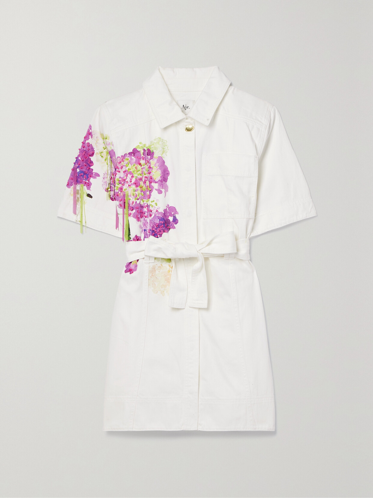 Aje Belted Embellished Printed Denim Mini Shirt Dress In White