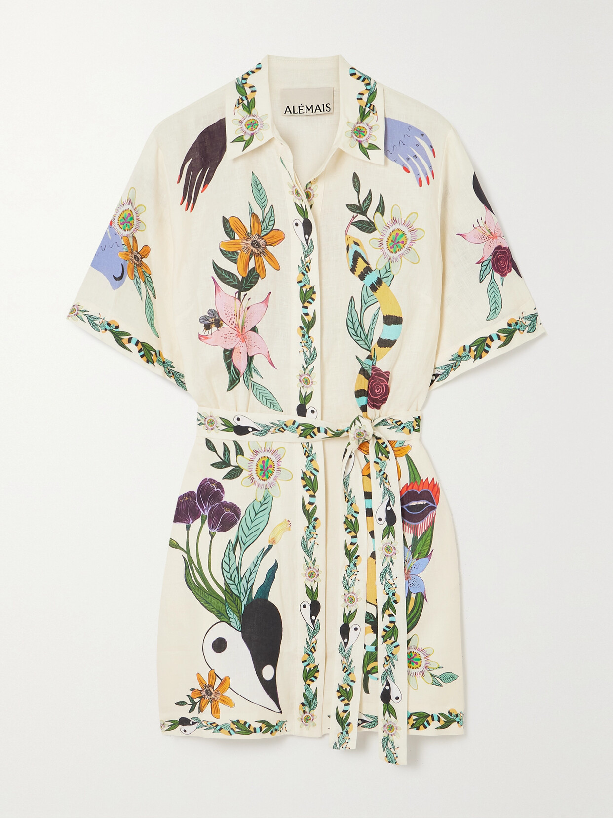 ALEMAIS + NET SUSTAIN + MEAGAN BOYD BELTED PRINTED LINEN MINI SHIRT DRESS