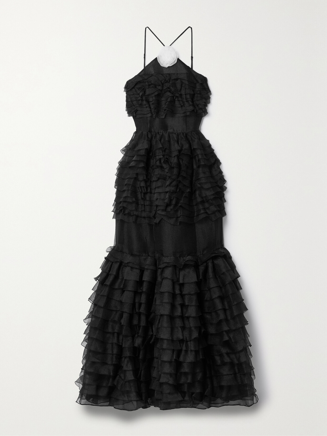 Shop Staud Florian Appliquéd Tiered Ruffled Organza Halterneck Gown In Black