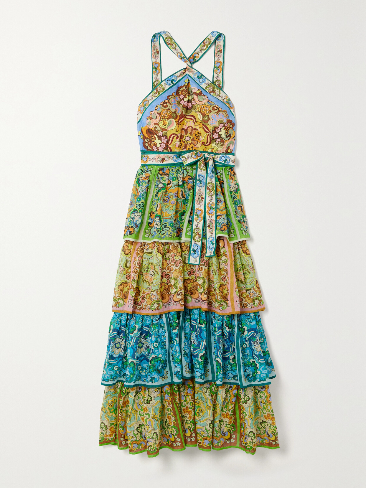 ALEMAIS + NET SUSTAIN DREAMER BELTED TIERED PRINTED LINEN AND RAMIE MAXI DRESS