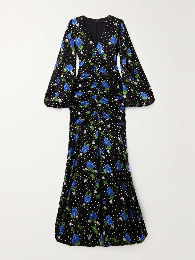 Rotate Birger Christensen Goldie Ruched Floral-print Satin Maxi Dress