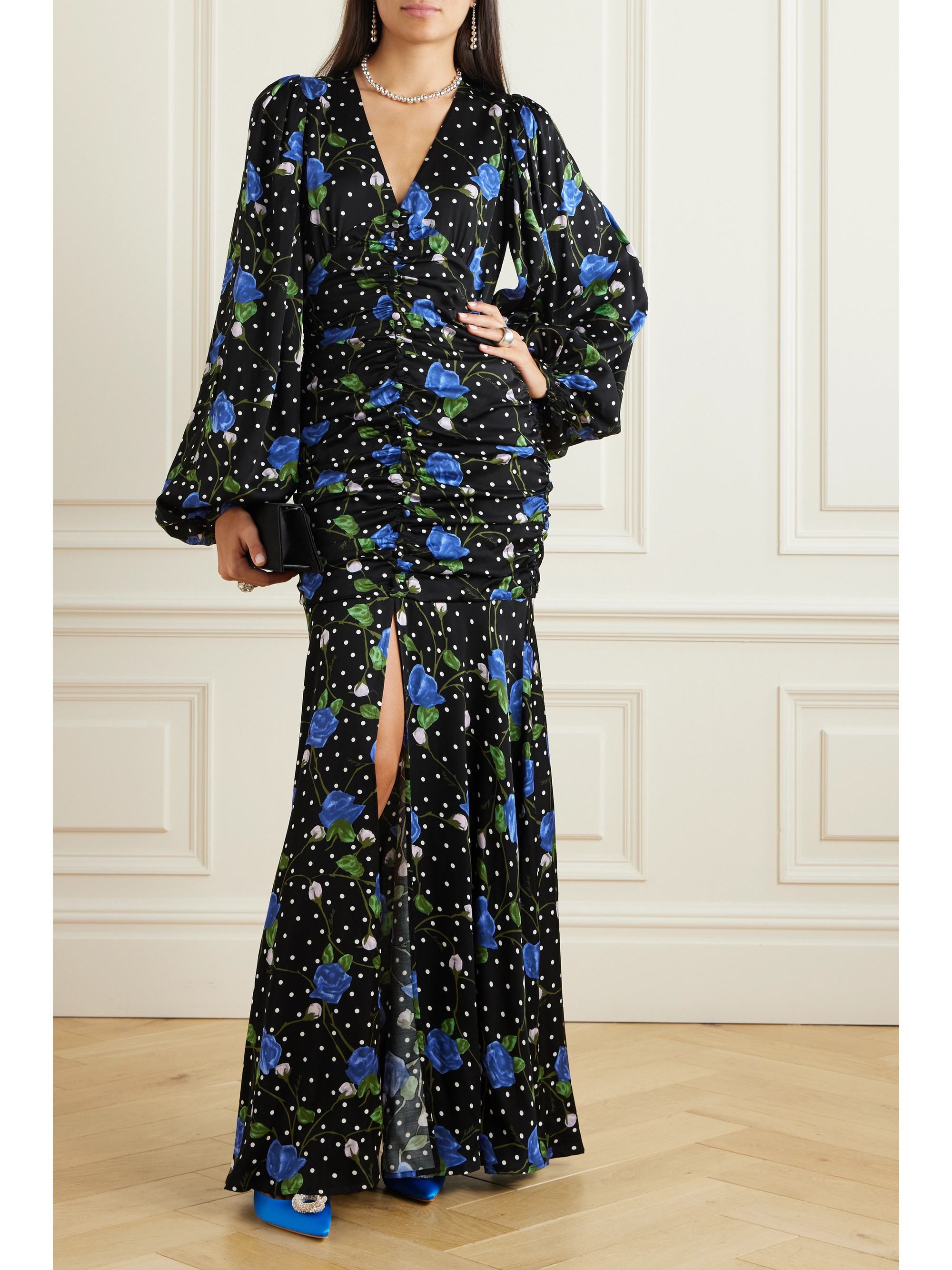 ROTATE Birger Christensen Goldie ruched floral-print satin maxi dress