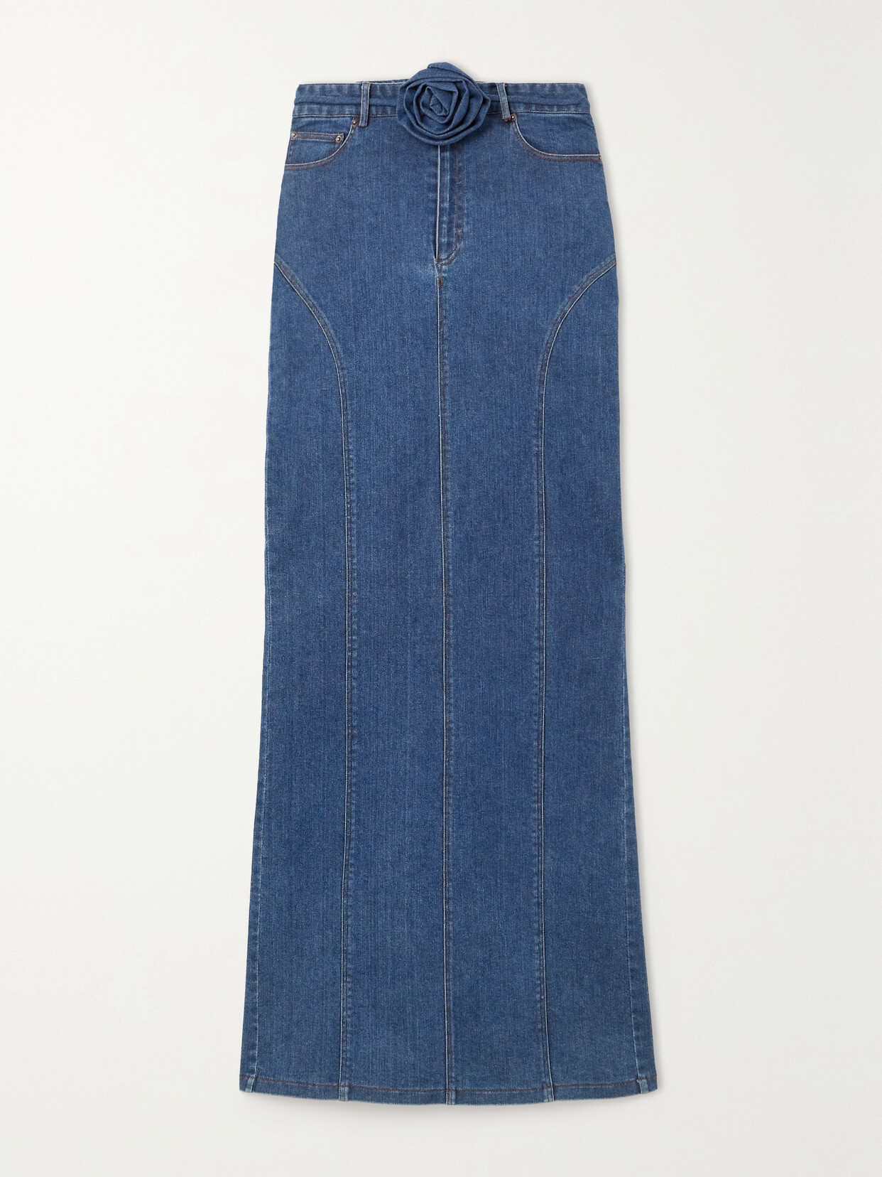 Shop Rotate Birger Christensen Jacquelini Embellished Paneled Stretch Organic Denim Maxi Skirt In Blue