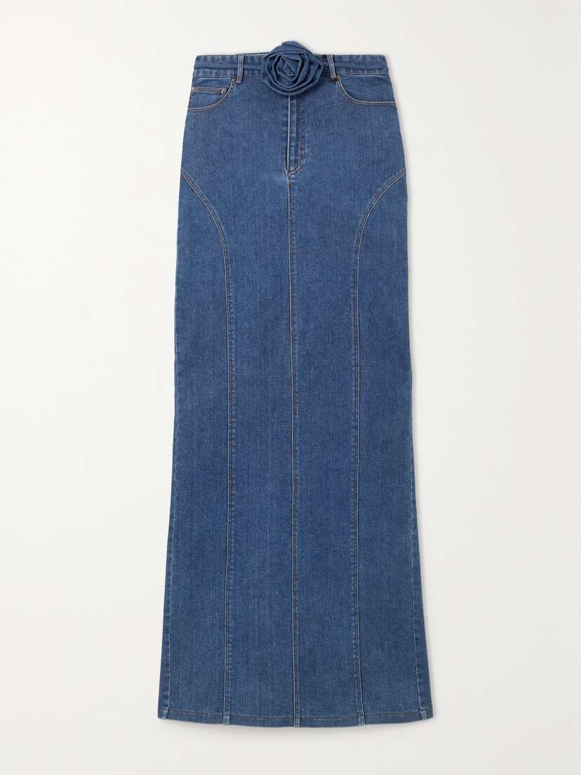 ROTATE Birger Christensen Jacquelini Embellished Paneled Stretch Organic Denim Maxi Skirt
